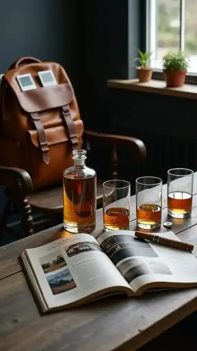 Men’s lifestyle scene with whiskey glasses, travel scrapbook, and leather backpack – perfect for adventure lovers and spirits enthusiasts