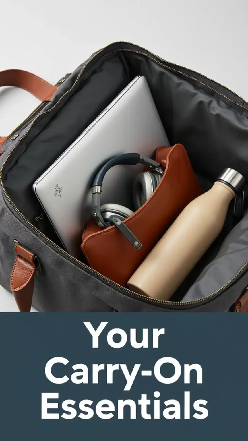 Organized carry-on bag with laptop, headphones, and book for travel. Essential carry-on items for men. Keywords: carry-on packing, travel essentials, men's travel gear, travel comfort.