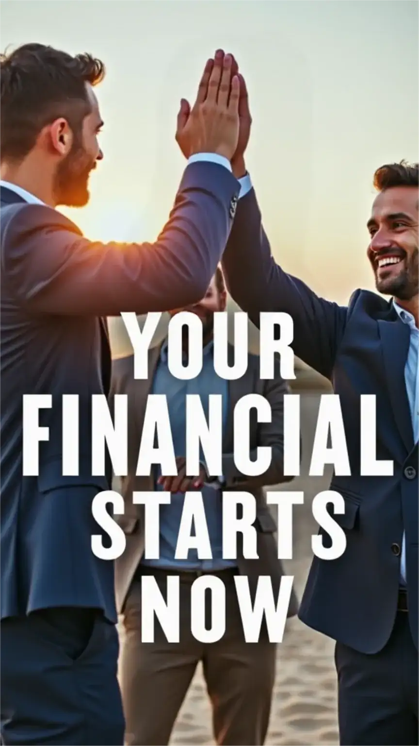 Men celebrating financial success, emphasizing taking control of their future. Keywords: investing for beginners, men's finance, financial freedom, success, future planning.