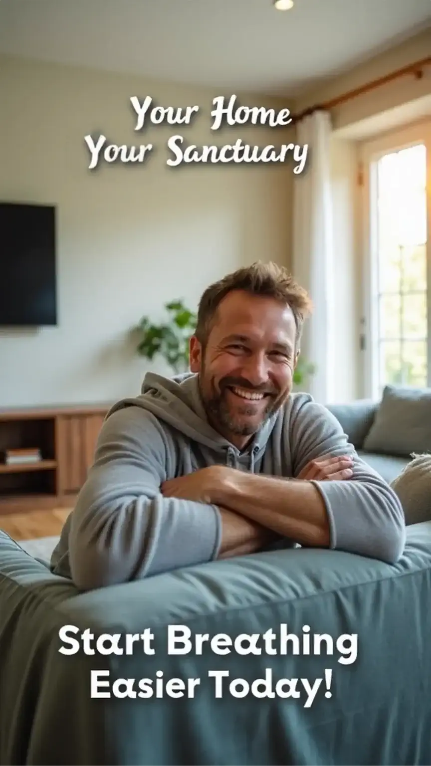 Healthy home environment, clean indoor air, comfortable living space, tips for better breathing, call to action for improving home air quality.