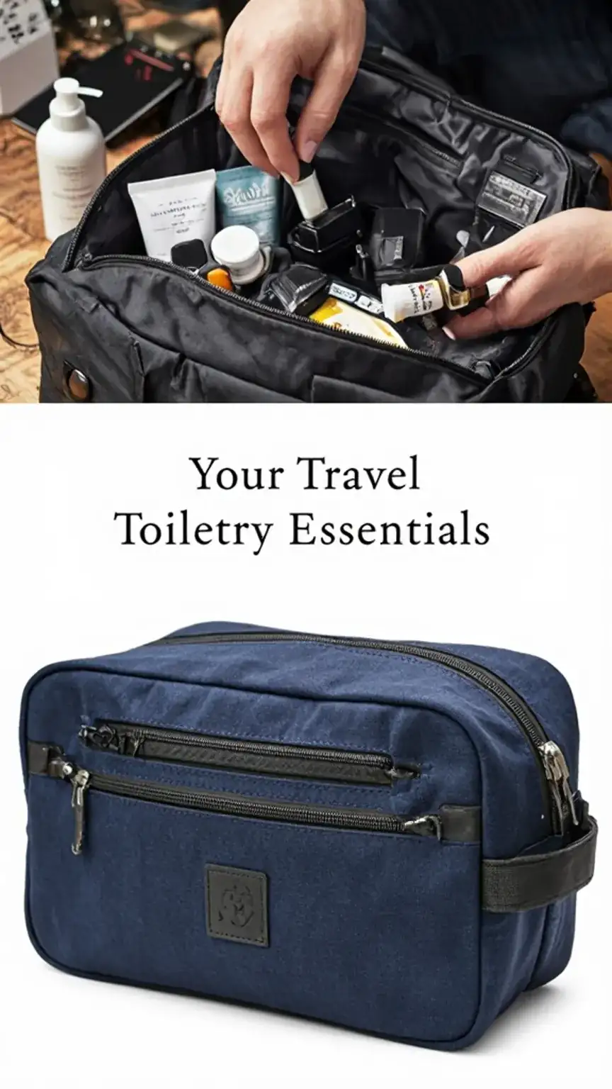 Man's toiletry bag (dopp kit) with travel-sized grooming products. Essential toiletries for men's travel. Keywords: travel toiletries, dopp kit, men's grooming, packing essentials.