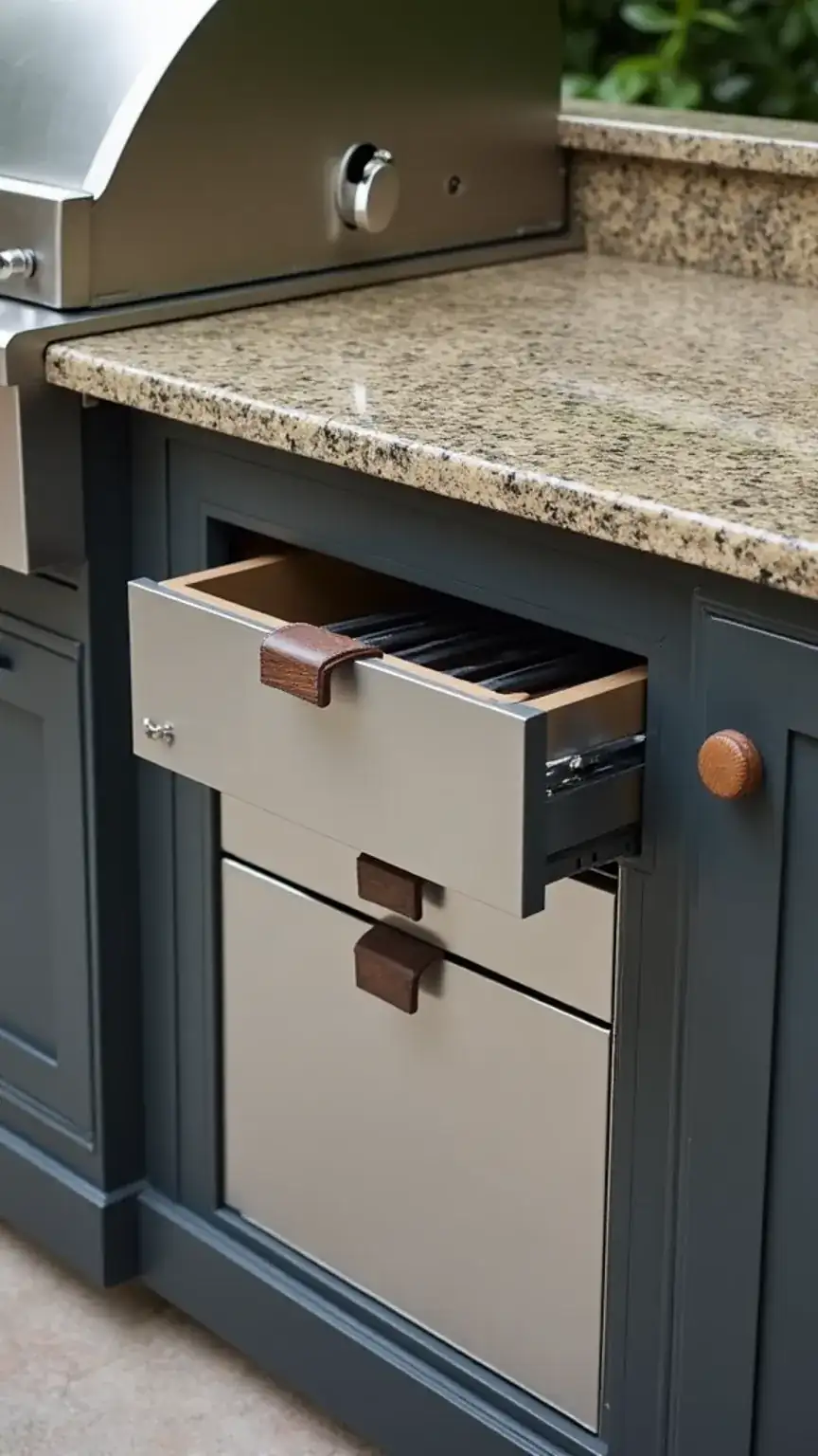 Adding countertops and storage to a BBQ area: granite counter with stainless steel drawers. Outdoor kitchen storage, BBQ area materials, patio counter ideas.