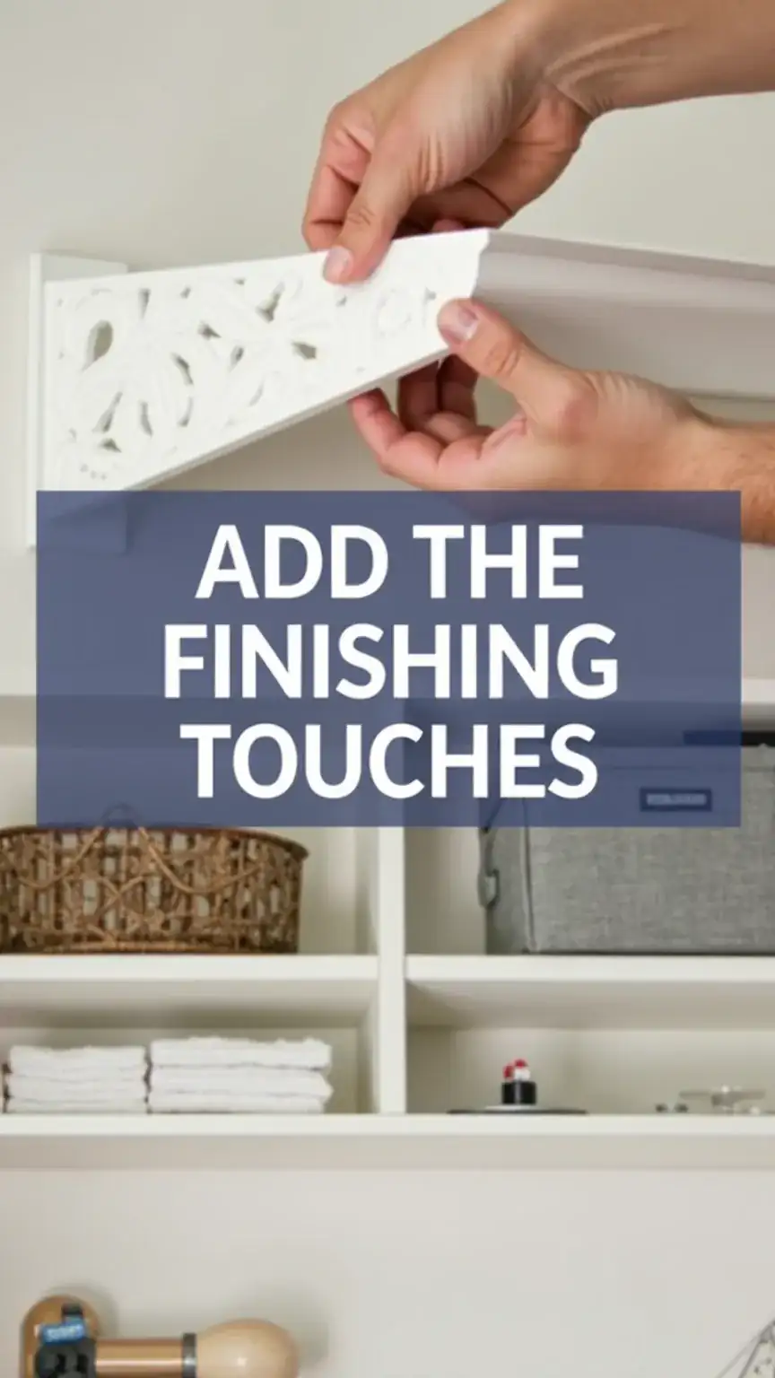 Finishing touches on shelving installation, organized home, DIY home improvement, adding hardware and decorative elements.