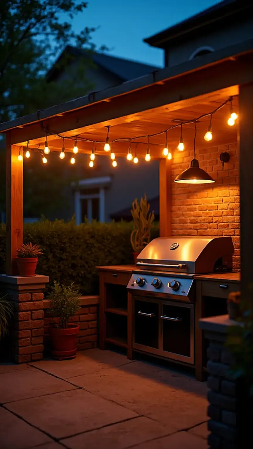 Adding lighting and electrical to a BBQ area: string lights and outlets for ambiance. Outdoor cooking space lighting, patio electrical setup, BBQ area illumination.
