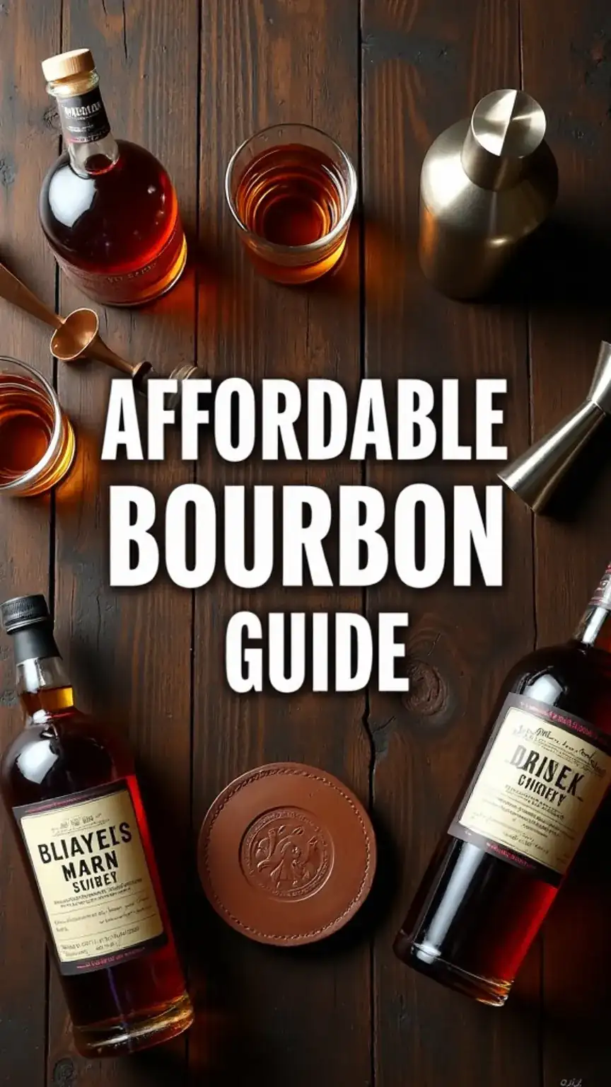 A masculine flat lay showcasing affordable bourbon bottles, jigger, and cocktail shaker, ideal for a bourbon enthusiast's guide.