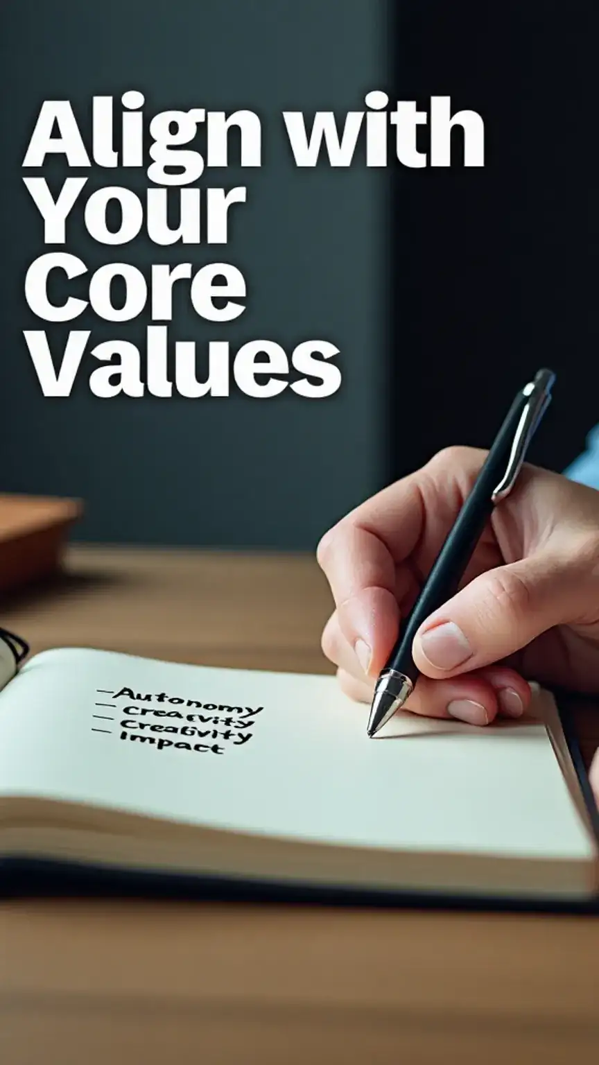Identifying core values for career change, personal values, career alignment, finding fulfillment, man's hands writing values.