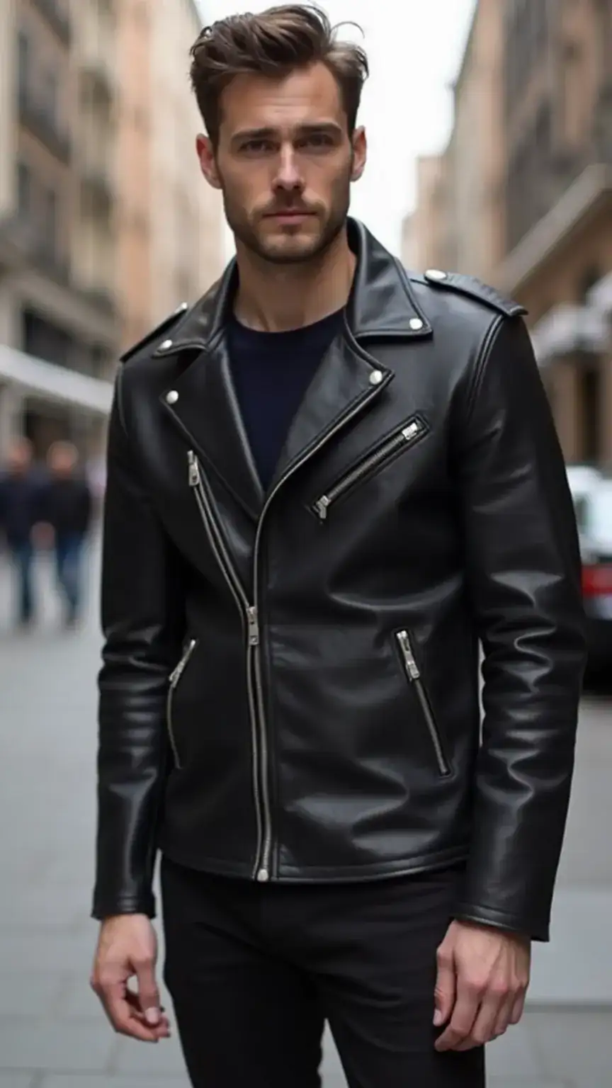 AllSaints Artisan leather jacket, a modern men's leather jacket style. Exploring the best leather jackets for men with contemporary designs.