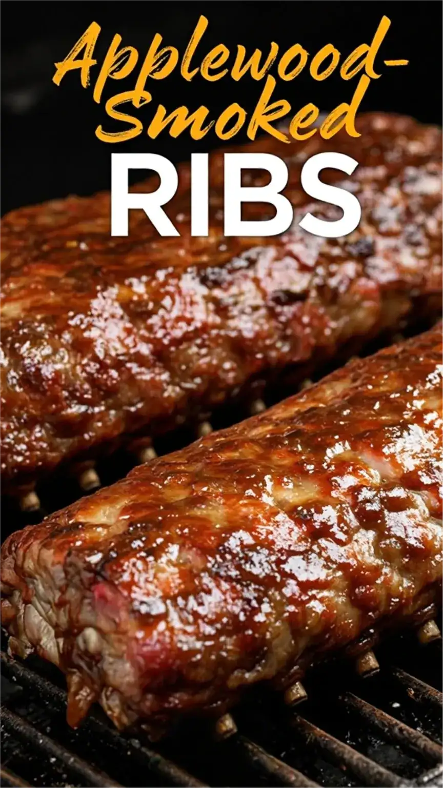 Close-up of delicious applewood-smoked ribs, a must-have fall grilling recipe. Smoky, tender ribs with BBQ sauce.