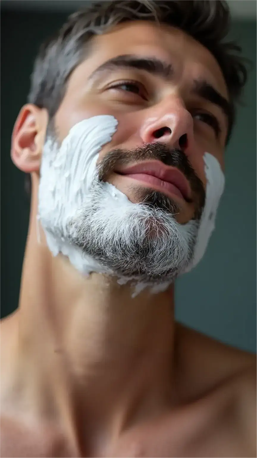 Applying shave cream for a professional shave, a key step in a fast men's grooming routine. Features grooming tips for men.