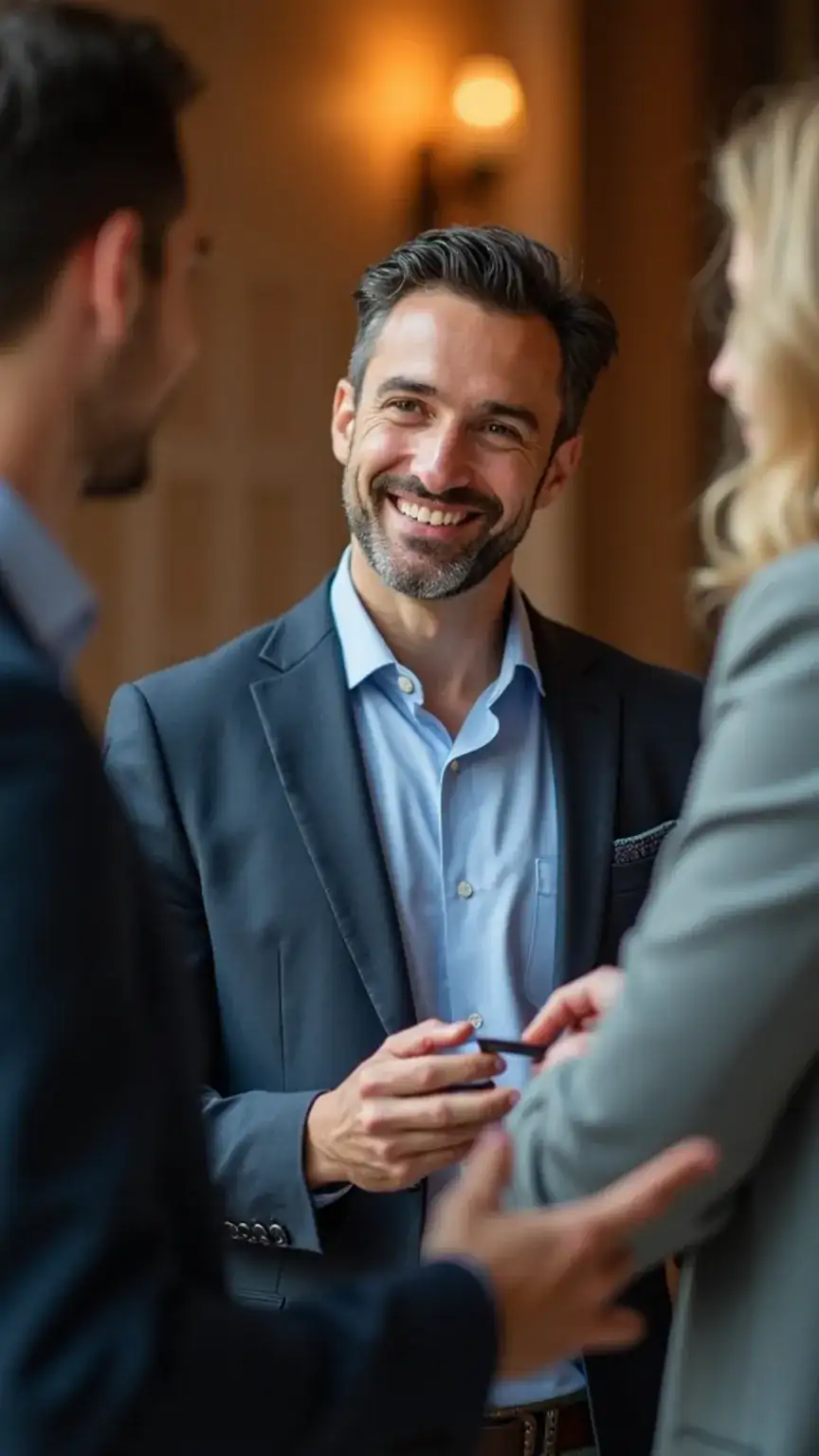 Authentic and helpful professional networking. Man actively listening and offering support. Keywords: networking tips, building trust, professional relationships, career advice.
