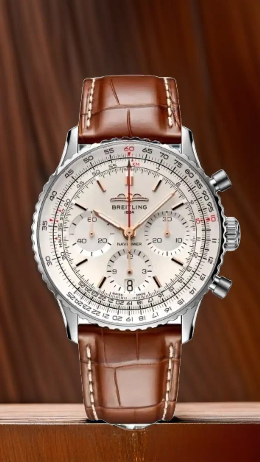 Man wearing a Breitling Navitimer watch, highlighting aviation-inspired luxury watches. Best pilot watches, Breitling for men, luxury aviation timepieces.