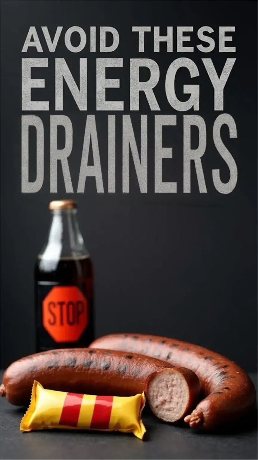 Energy zapping foods to avoid for men over 40: processed meats, sugar, excess caffeine. Healthy eating tips, nutrition for men, avoiding energy crashes.