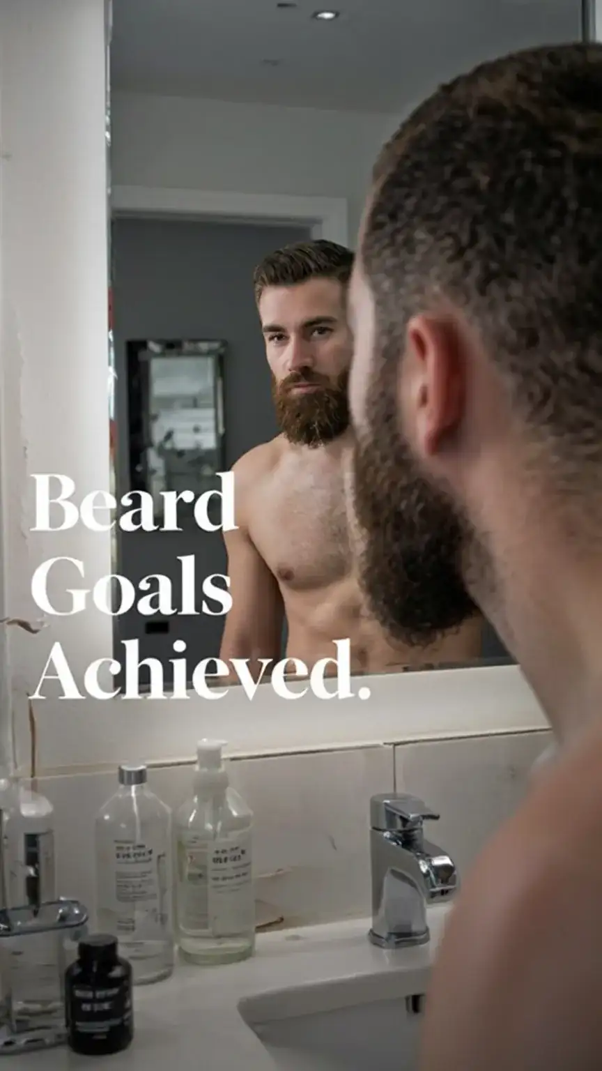 Man admiring his perfectly groomed beard in the mirror, achieving beard goals. Stylish beard, beard grooming success, men's facial hair care.