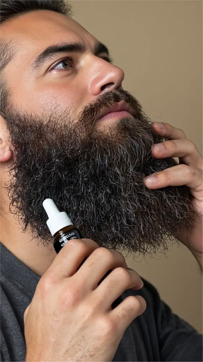 Applying beard oil to a tidy beard, showcasing facial hair finesse in a quick men's grooming routine.