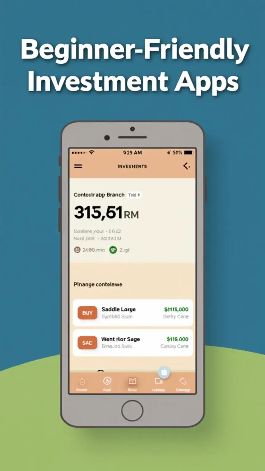 Illustration of a smartphone showcasing a beginner-friendly investment app interface, highlighting ease of use for new investors. Features top investment apps for men starting their financial journey.