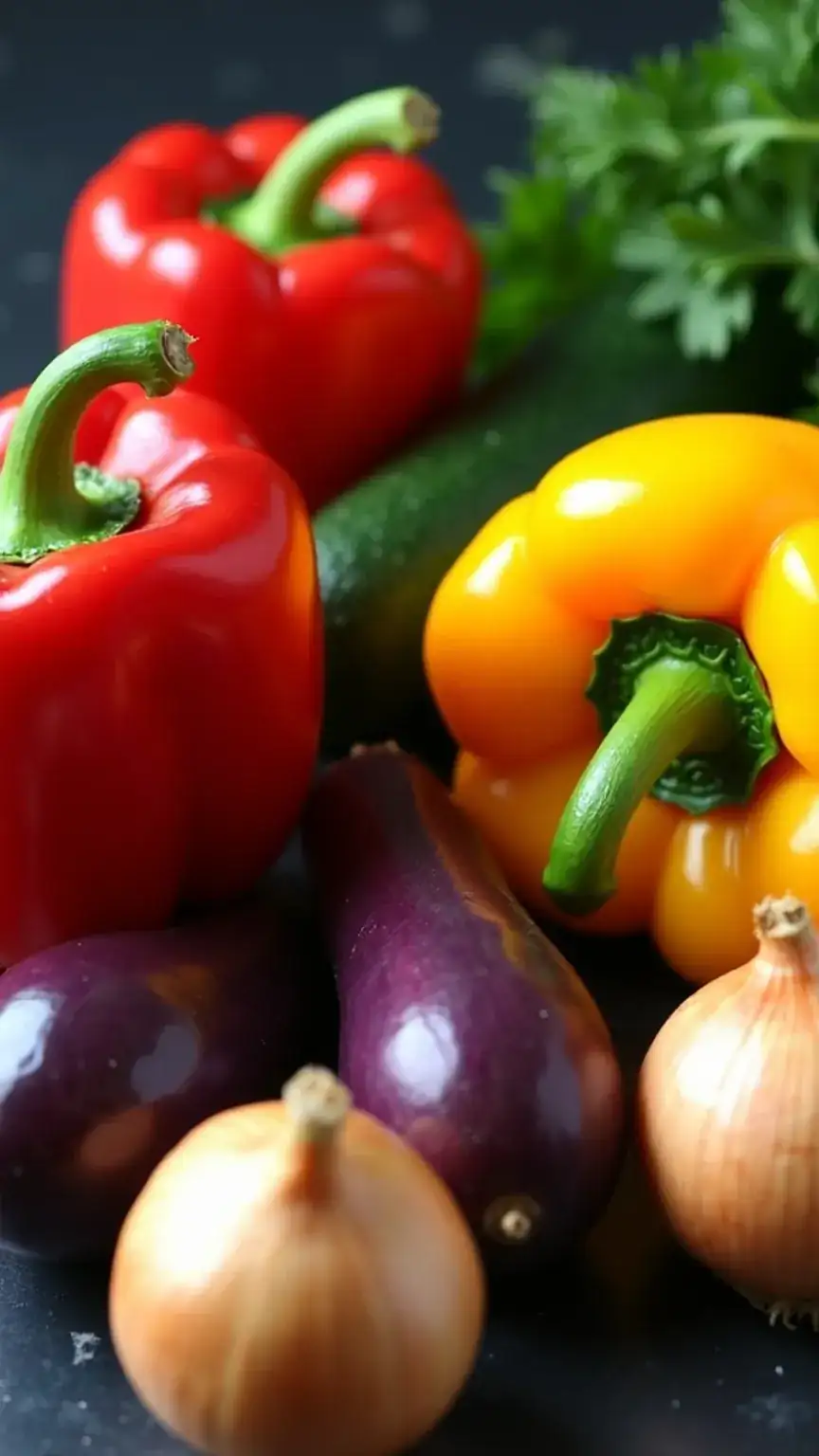 Selection of fresh vegetables ideal for grilling, including bell peppers, zucchini, eggplant, and onions, showcasing ingredients for grilled veggies.