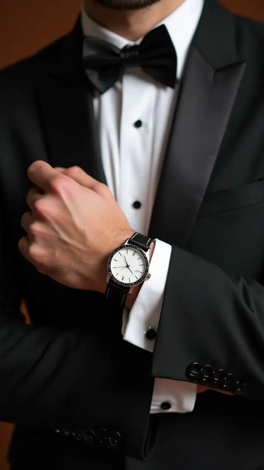 Black-tie event watch styling, dress watch with tuxedo, elegant men's accessories, timeless watch fashion, men's formal wear.