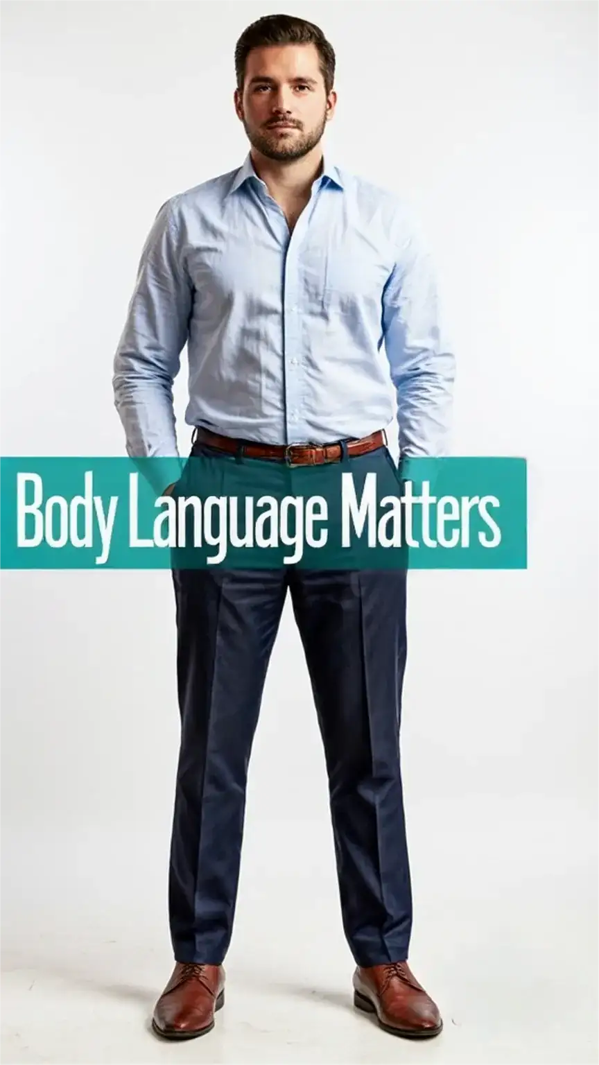 Confident body language and posture for executive presence, crucial for leadership skills and projecting professional presence.