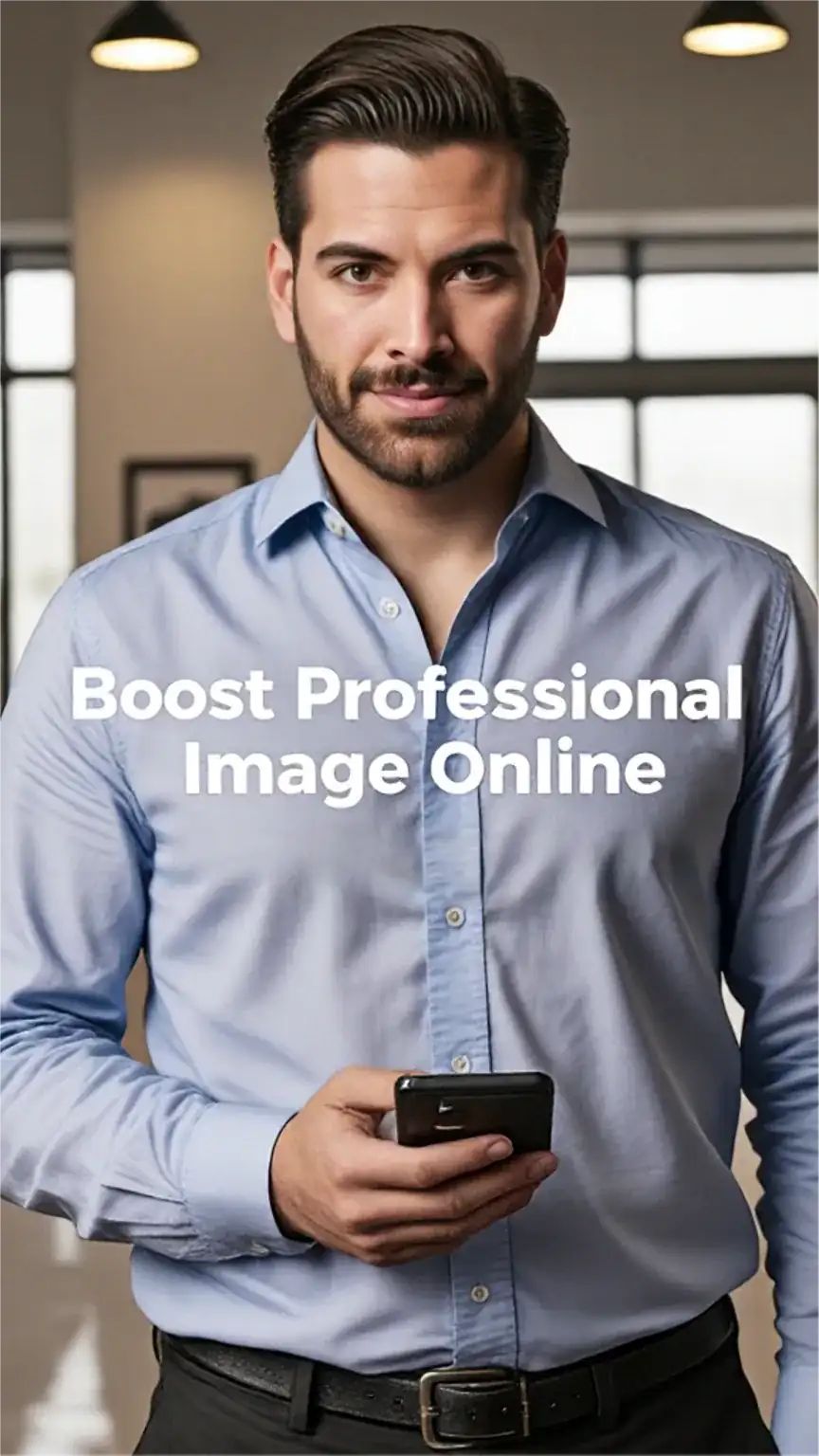 Man using social media for professional image, online branding, social media for professionals, personal brand building, career boost.