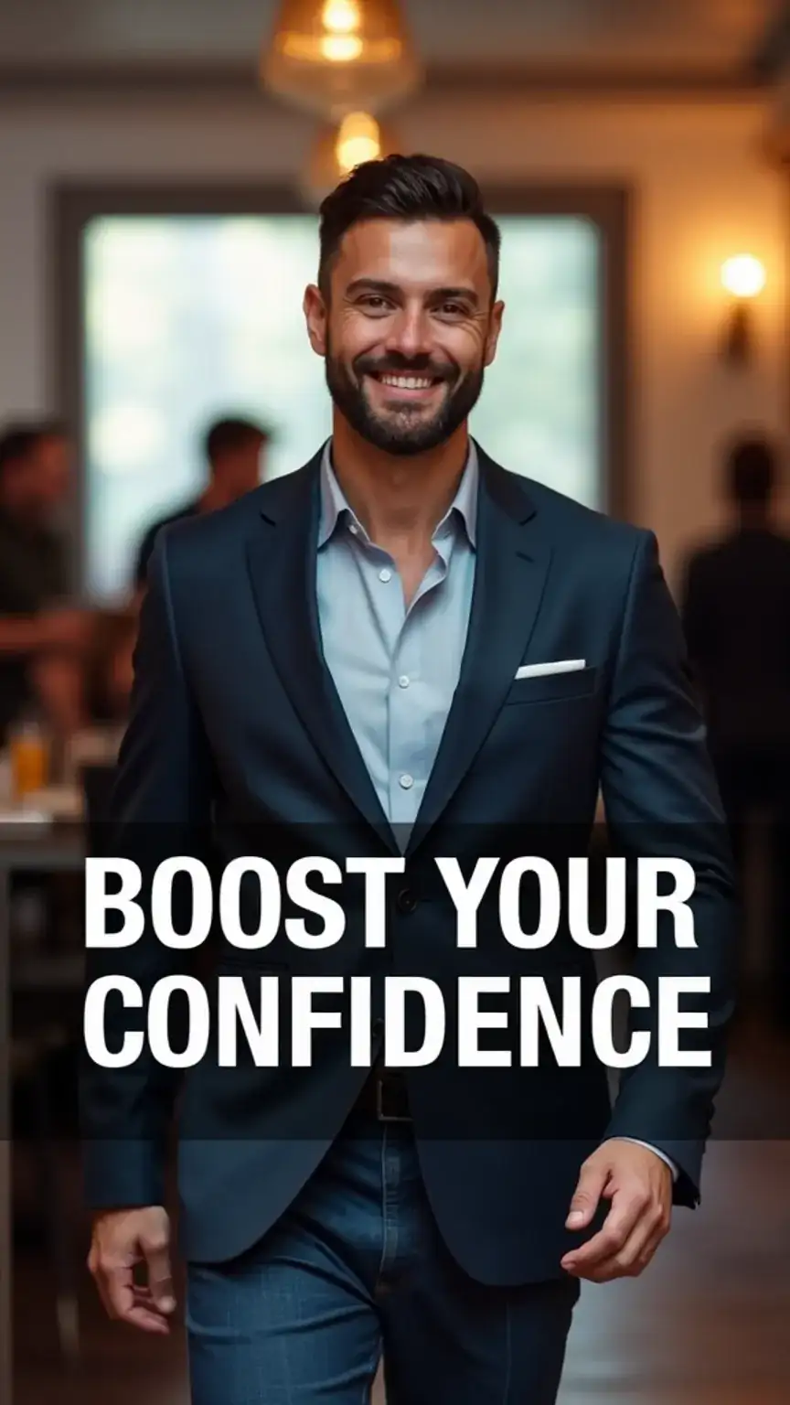 Man confidently entering a room, boosting social skills and making a great first impression. Confidence tips, social interaction, positive body language.