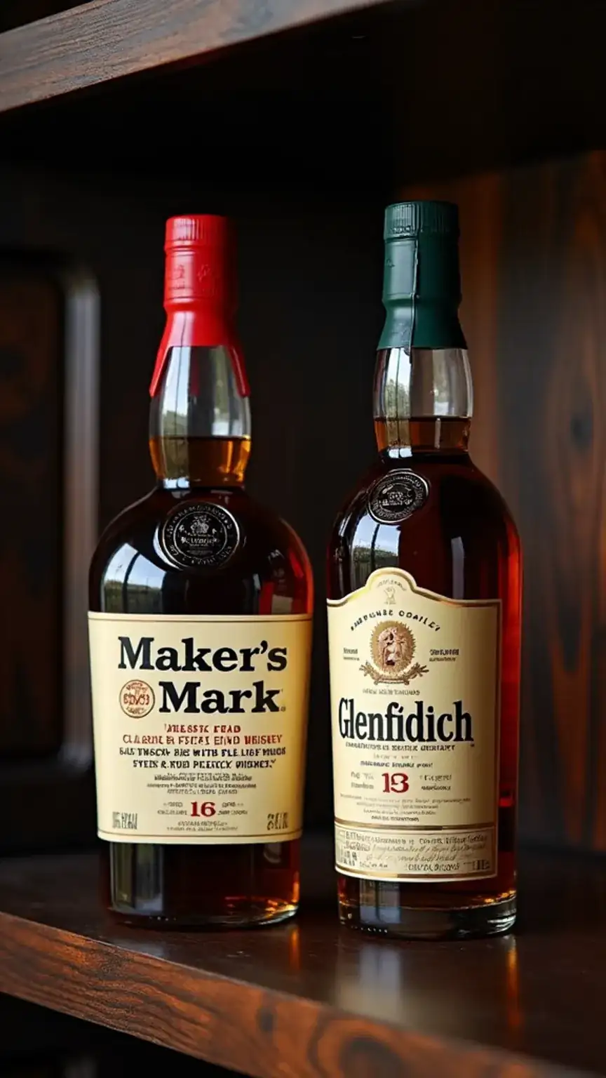 Classic bourbon and scotch bottles as recommendations for beginner whiskey enthusiasts, part of a bourbon vs scotch comparison.