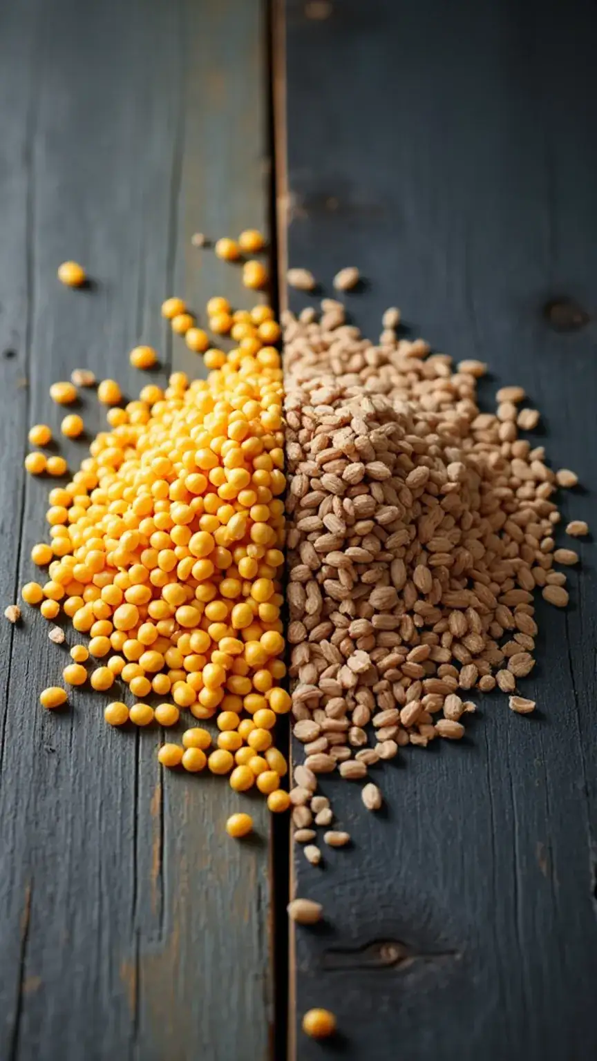 Corn kernels and malted barley grains, illustrating the key ingredient differences between bourbon and scotch in a whiskey comparison.