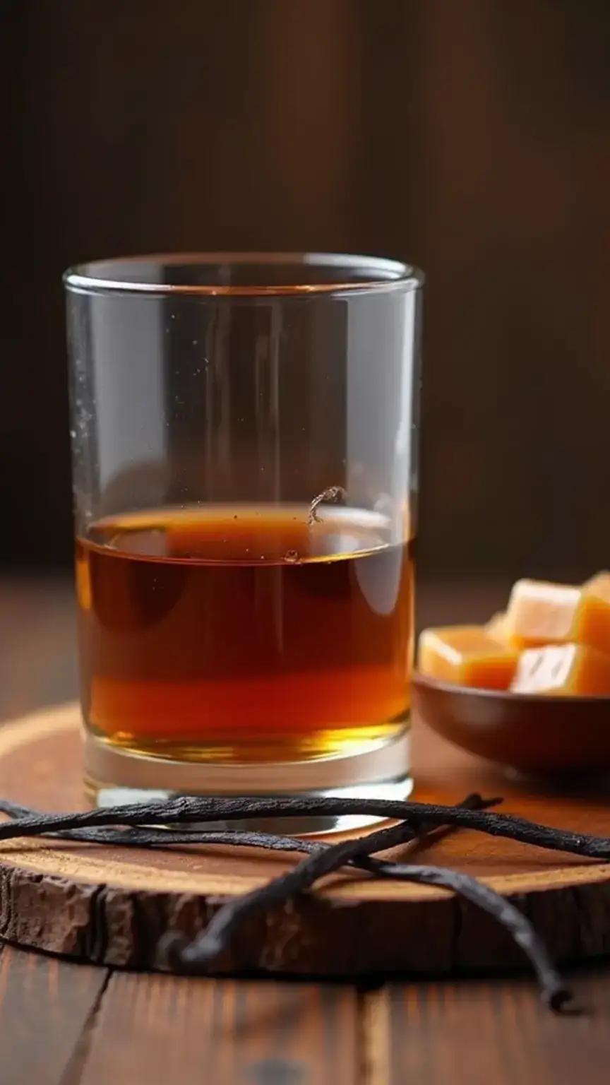 Bourbon tasting notes of caramel, vanilla, and oak, visually represented in a whiskey comparison.