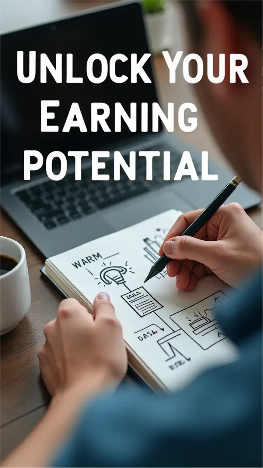 Man brainstorming side hustle ideas, turning passion into profit, entrepreneurship, side business, creative work, unlocking potential.