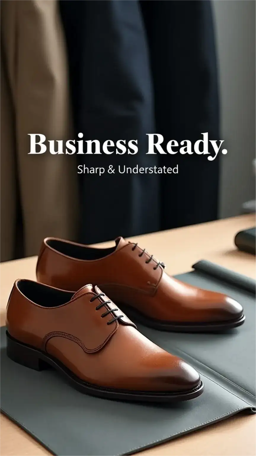 Brown leather oxford dress shoes on an office desk, suitable for business meetings and everyday office wear, men's business shoes, smart casual.