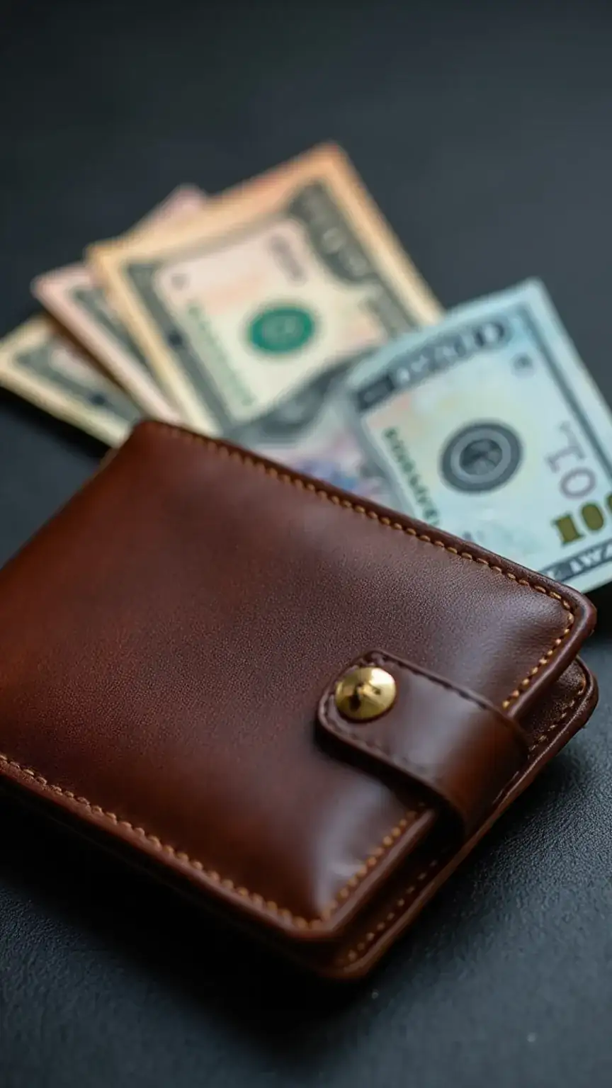 Budgeting for a men's leather jacket, showcasing money and a wallet. Tips for finding affordable, stylish leather jackets for men.