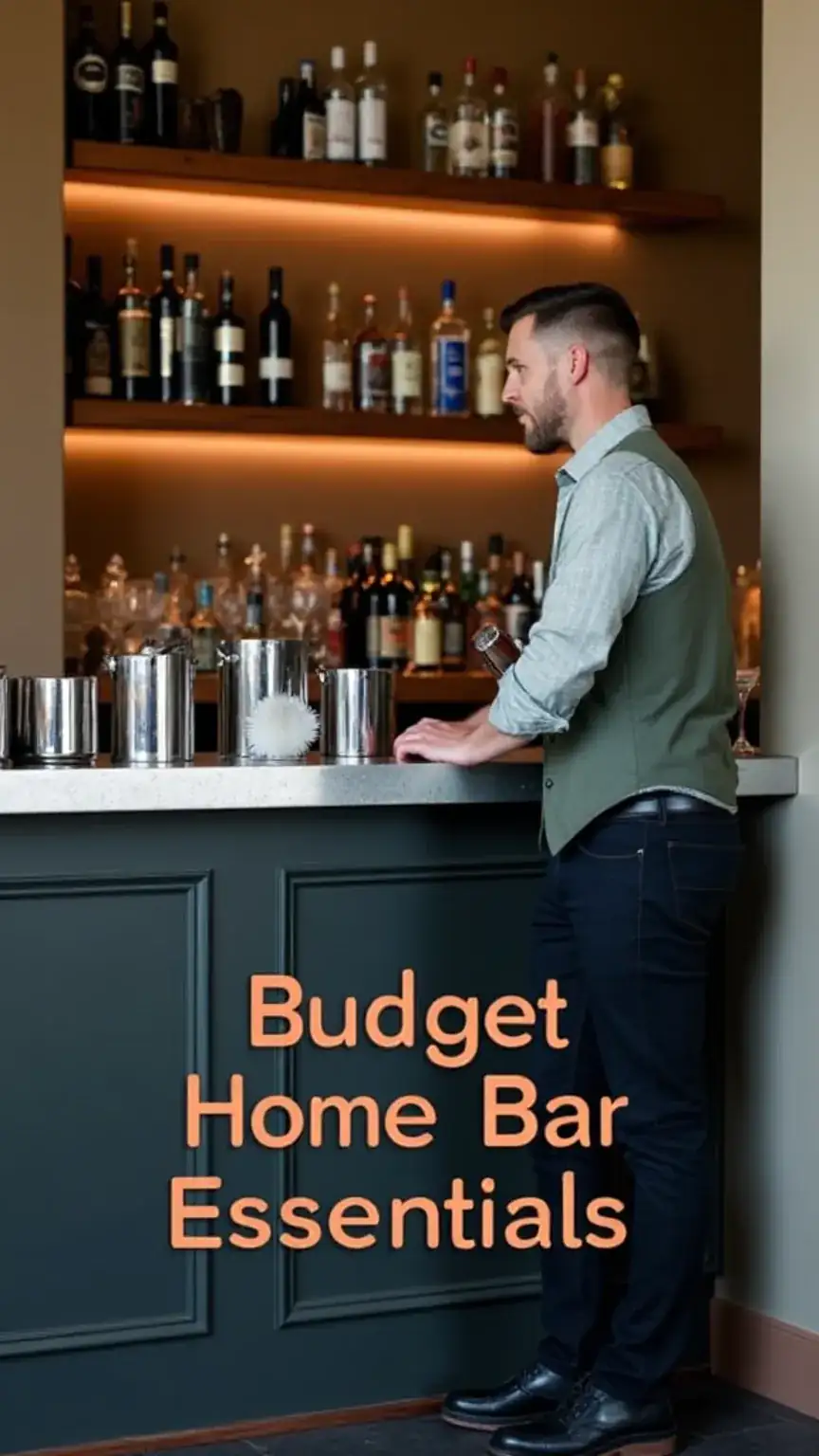 Man stocking a budget home bar with affordable spirits and tools. Essential items for a home bar on a budget, affordable bar setup.