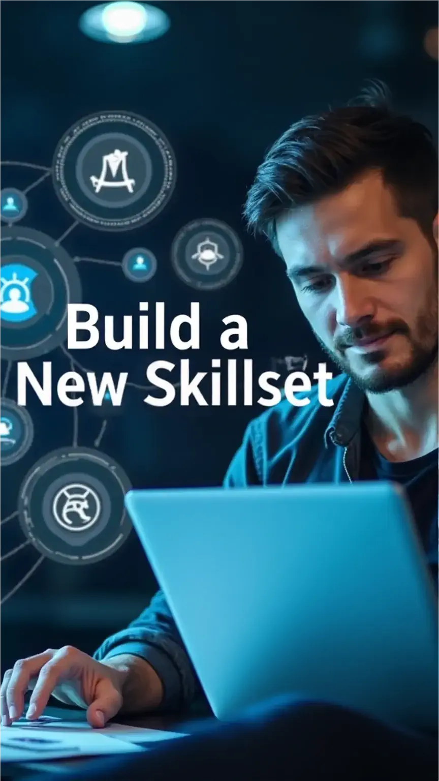 Building new skills for career adaptation, learning new technologies, staying relevant in career change. Masculine visual style, continuous learning, professional growth.
