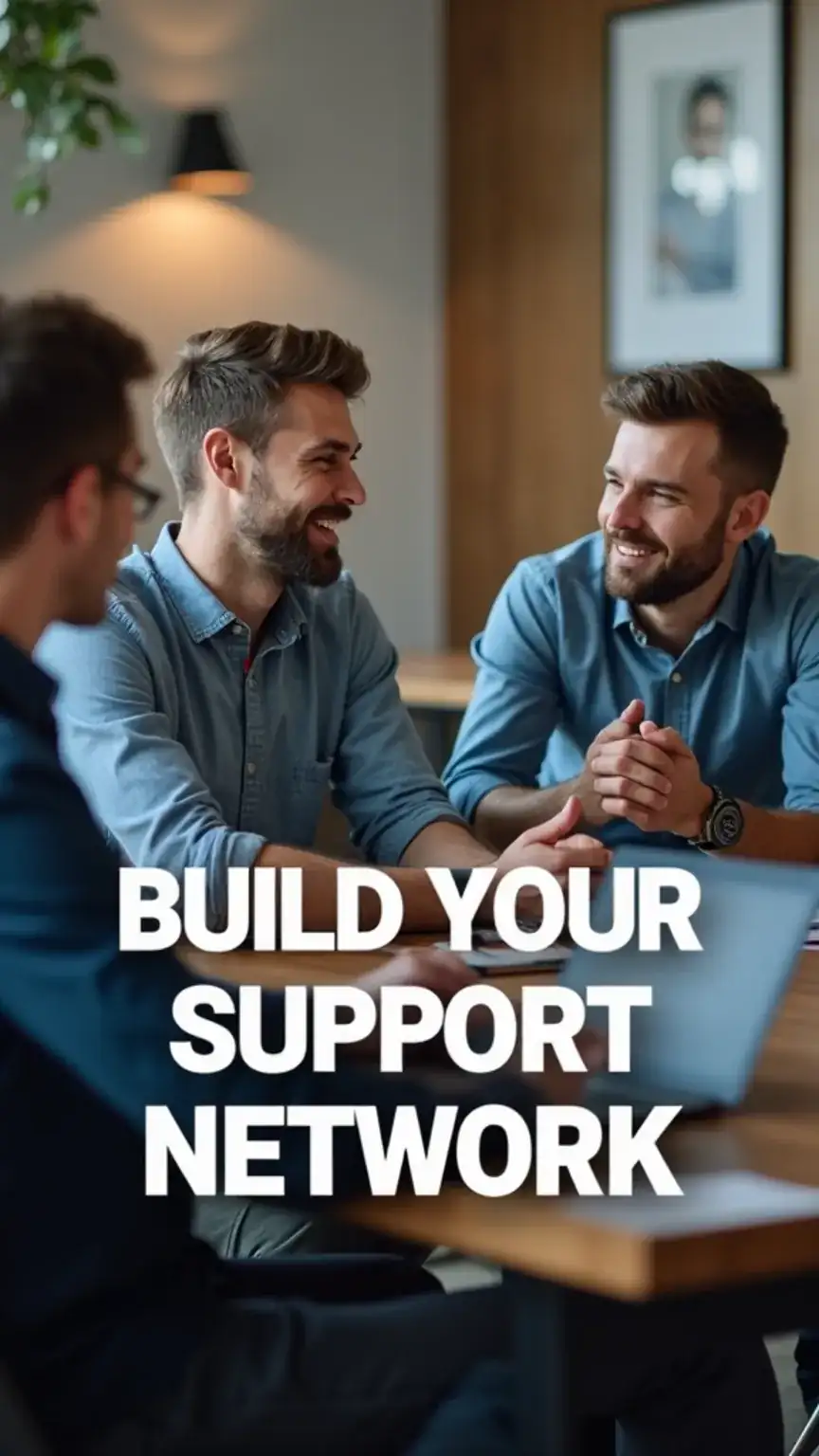 Men collaborating in a meeting, representing the importance of a support network when starting a business. Keywords: entrepreneur advice, business network, startup community, mentorship, collaboration.
