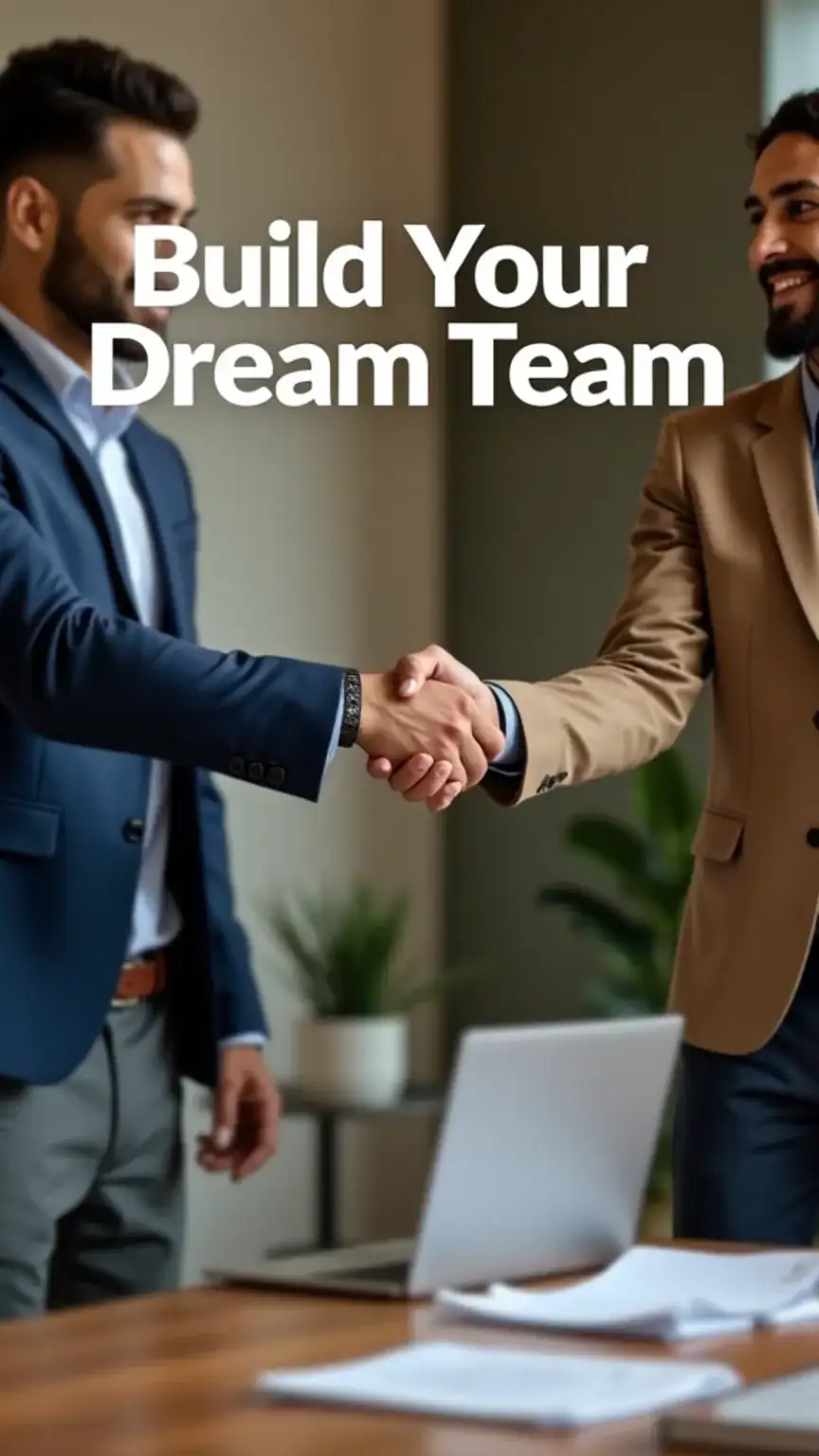 Entrepreneur team building: handshake symbolizing hiring freelancers or virtual assistants, using platforms like Fiverr and Upwork for startup success.