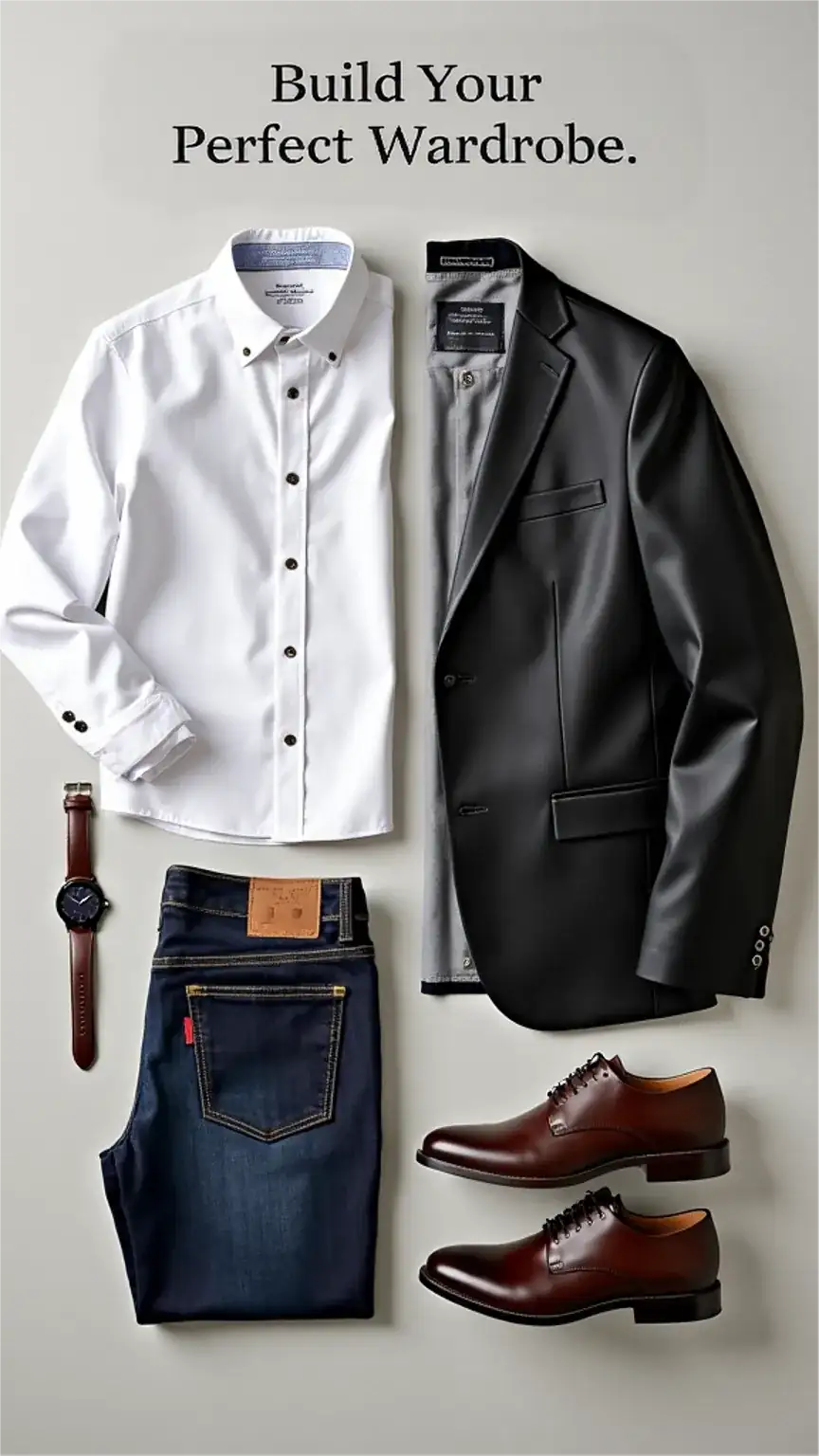 Essential men's wardrobe staples: white shirt, dark jeans, leather blazer, watch, and boots, for building a versatile and stylish men's fashion basics collection.