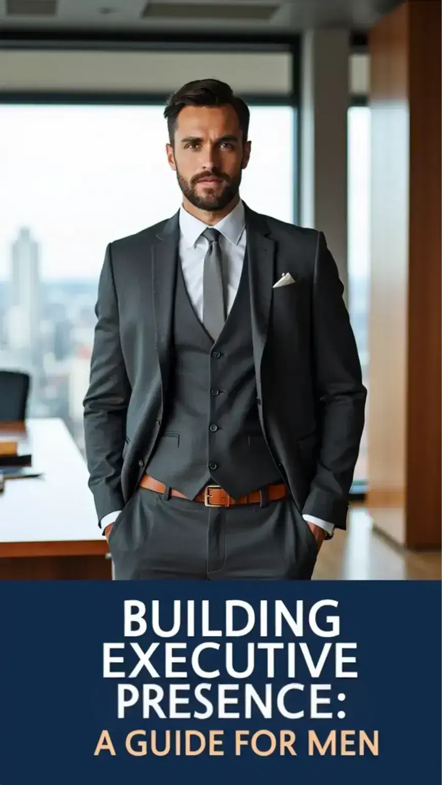 Cover image: Confident man building executive presence in a modern office, focusing on leadership skills and professional presence for men.