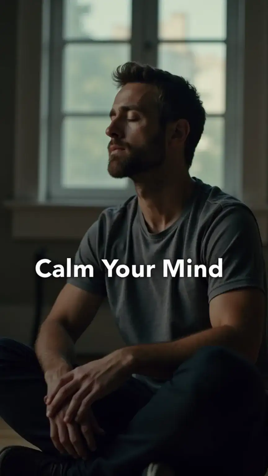 Man practicing mindfulness and relaxation techniques for stress and anxiety relief. Keywords: men's mental health, anxiety tips, stress reduction, mindfulness, calming.
