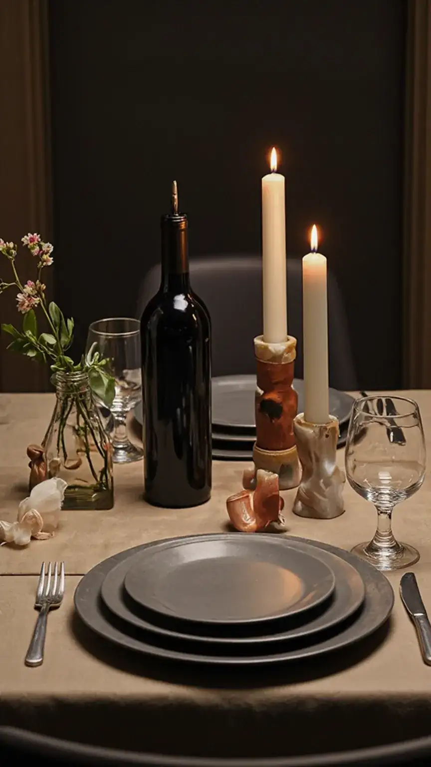 Romantic candlelight dinner, special date night setup, intimate meal for couples, romantic restaurant ideas.