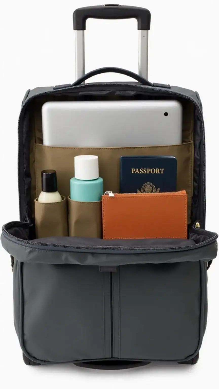 Key features of carry-on bags, travel bag organization, packing essentials for men, business travel gear, organized luggage, travel accessories.