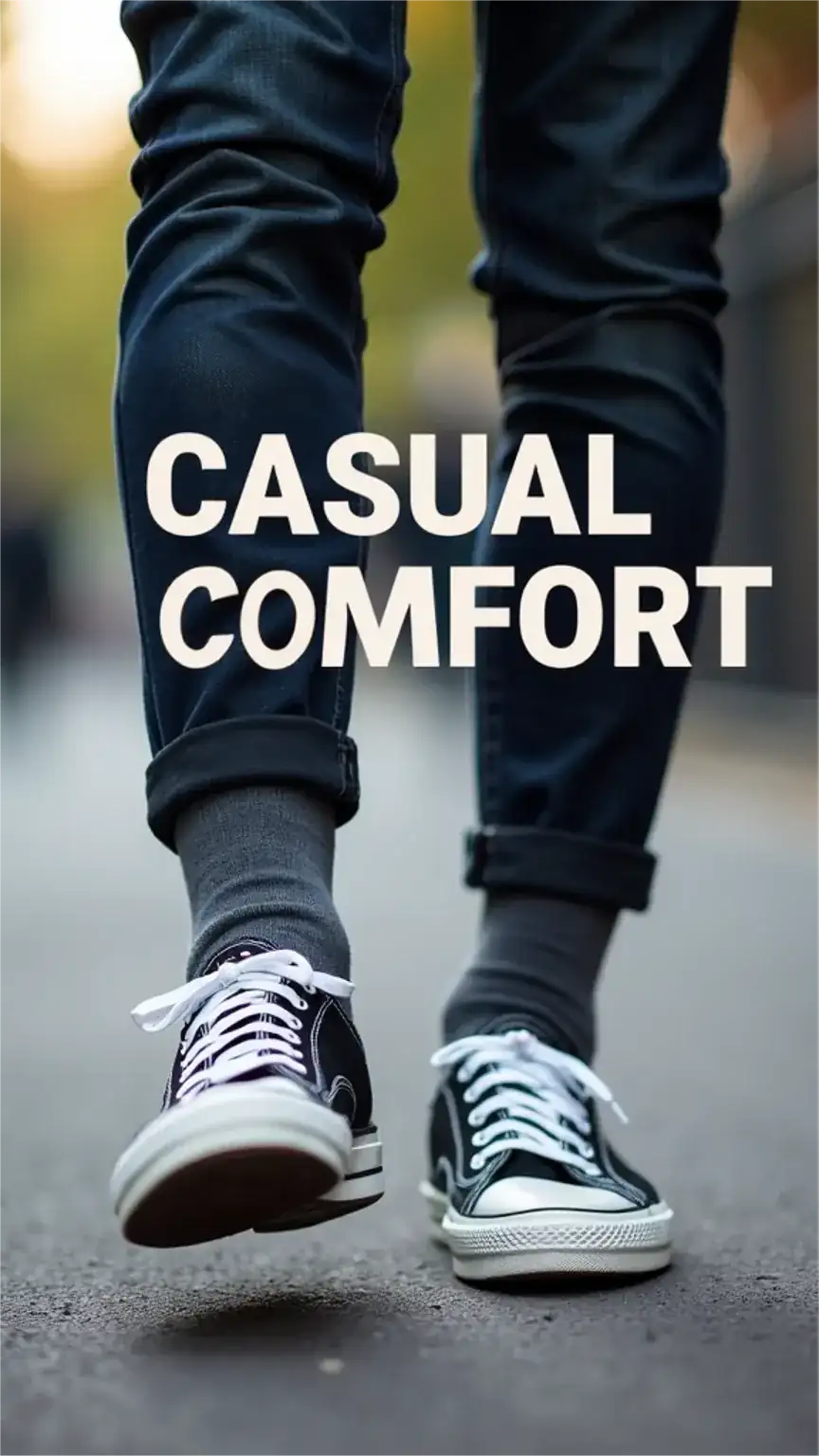 Man's feet in casual sneakers and cotton socks, men's casual socks, comfortable everyday socks.