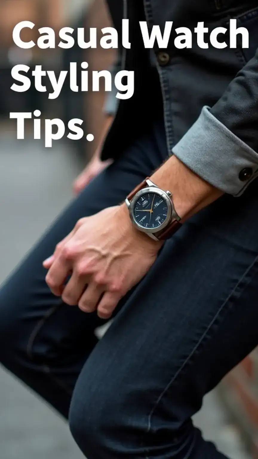 Man's hand with a leather strap watch on dark denim, casual watch styling for men, men's fashion advice, everyday watch looks.