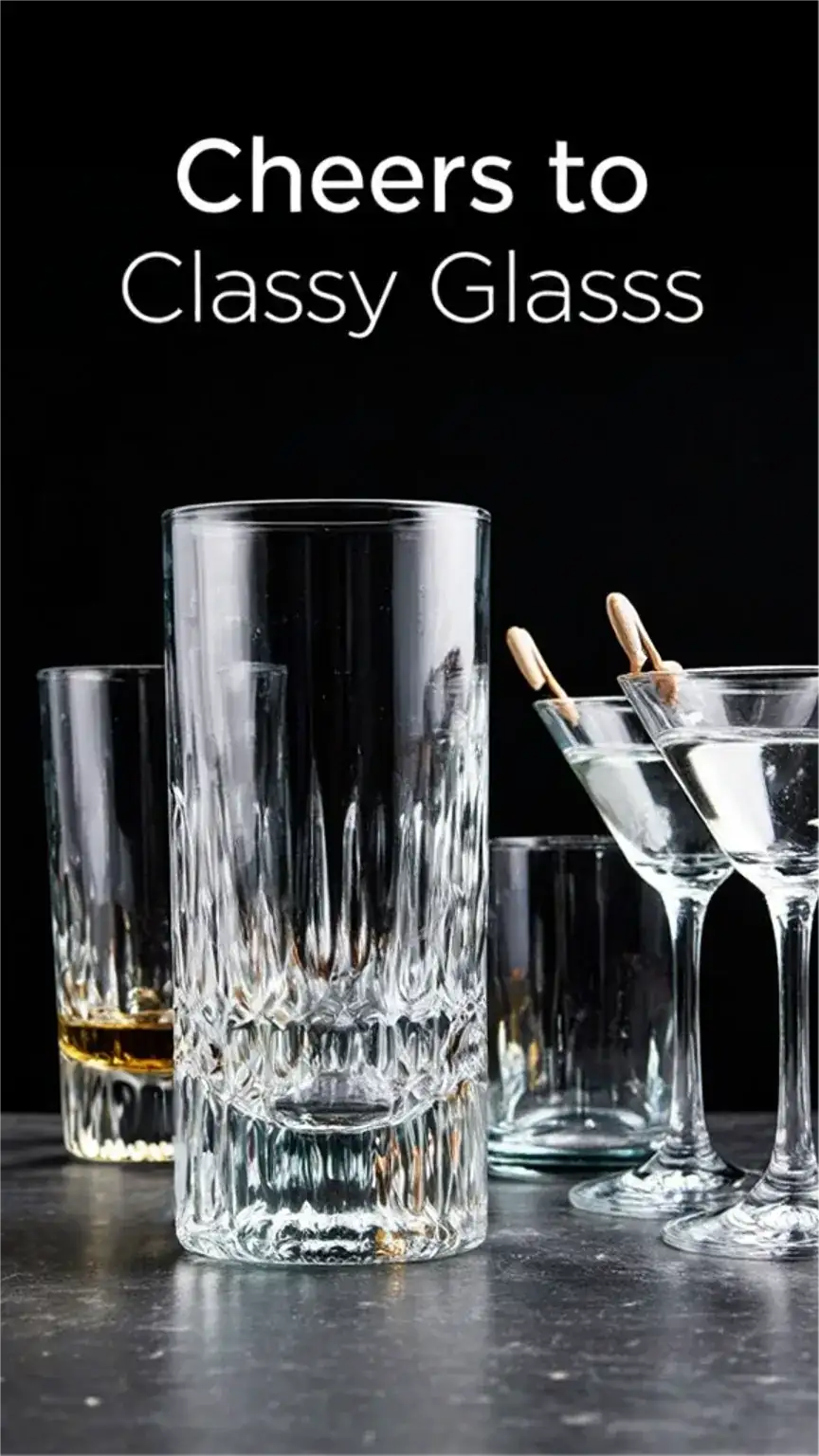 Cocktail glasses for a home bar, including whiskey tumblers and highball glasses. Essential barware for a budget home bar setup, stylish drinkware.