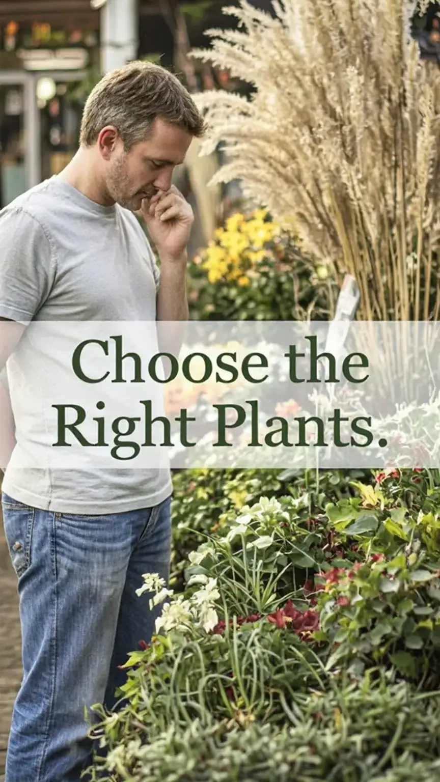 Man selecting low-maintenance plants like succulents and sedums for an easy garden. Keywords: low-maintenance garden, easy garden ideas, garden tips, plant selection, hardy plants.