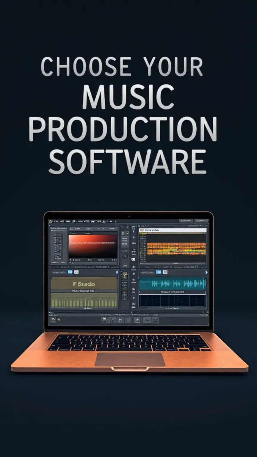 Choosing music production software for beginners, showcasing DAWs like Ableton Live, FL Studio, and Logic Pro X. Best DAWs for home studio music creation.