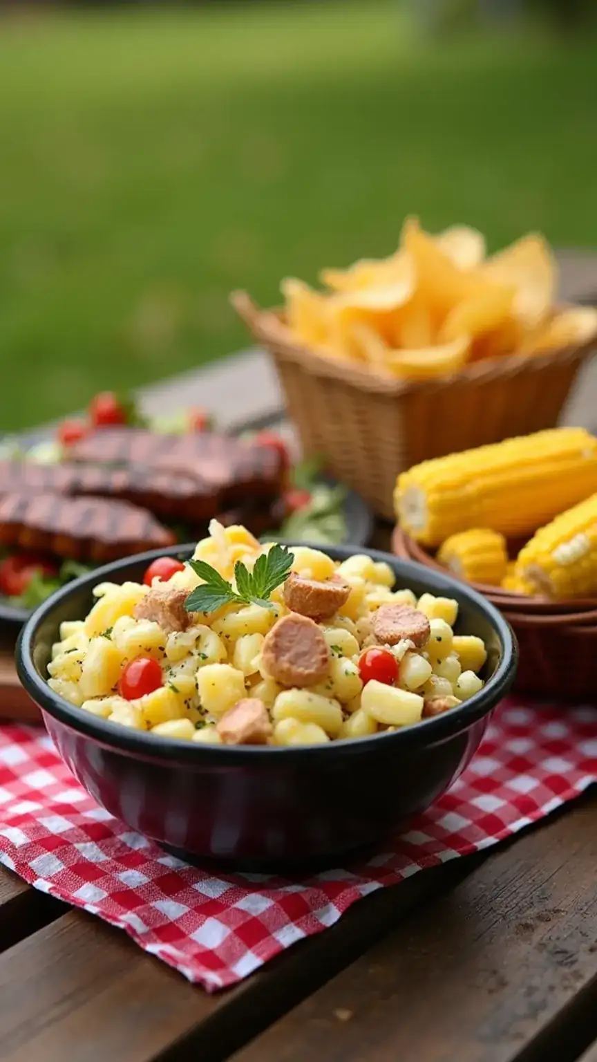 BBQ side dishes, classic sides for a barbecue party. Corn on the cob, potato salad, chips, summer food.