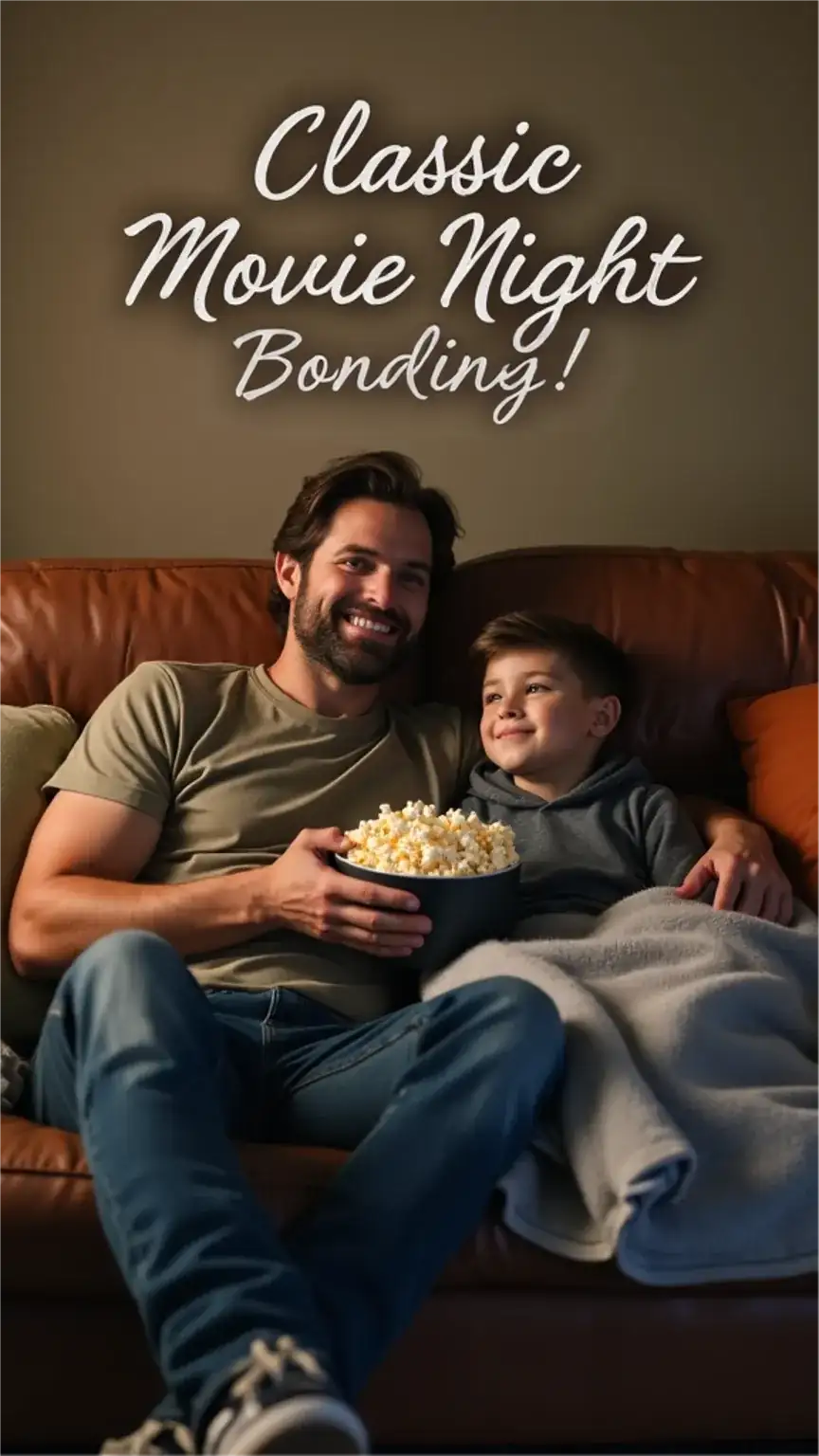 Father and son enjoying a movie night, family bonding activities at home, dad and teen relaxation, making memories.