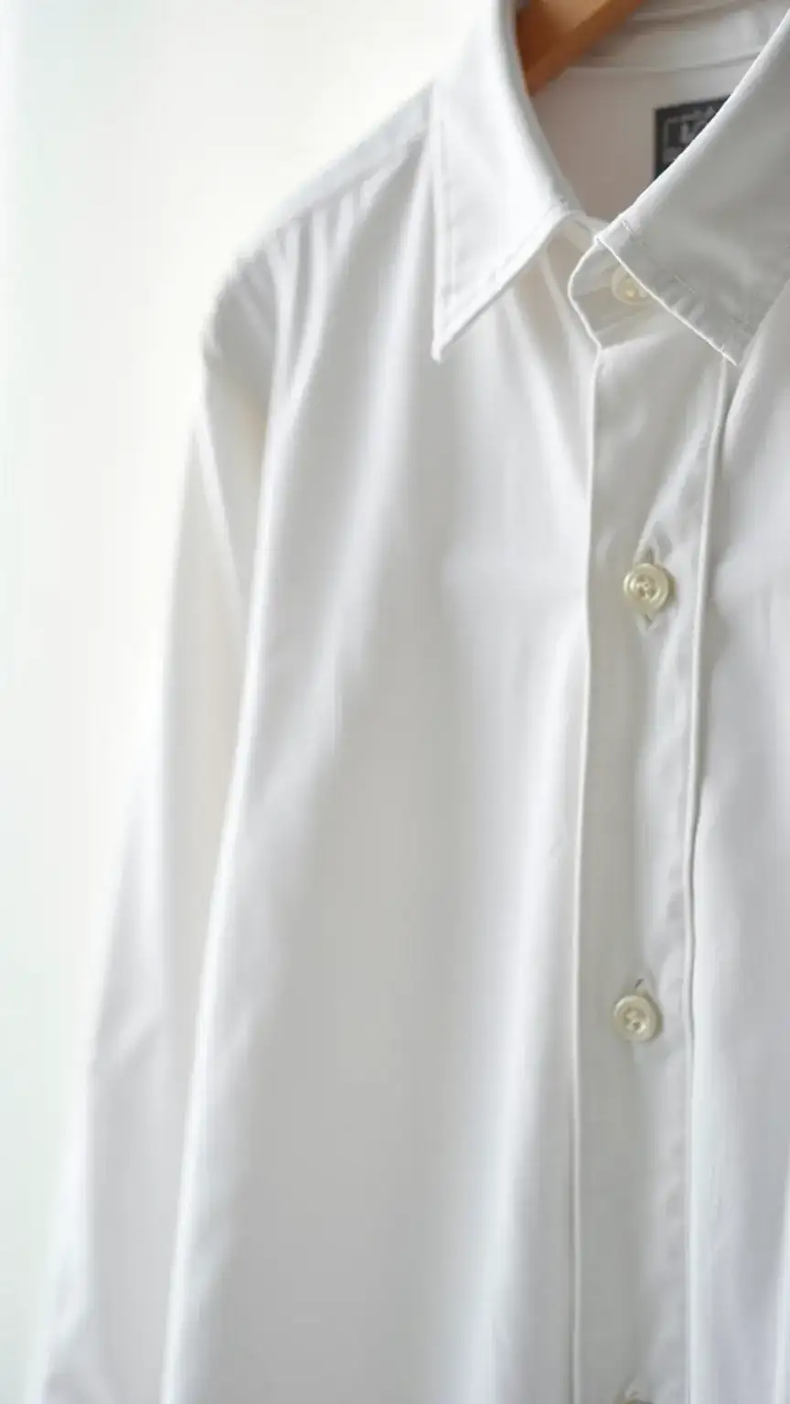 Close-up of a classic white button-down shirt, a key men's fashion basic and essential wardrobe staple.