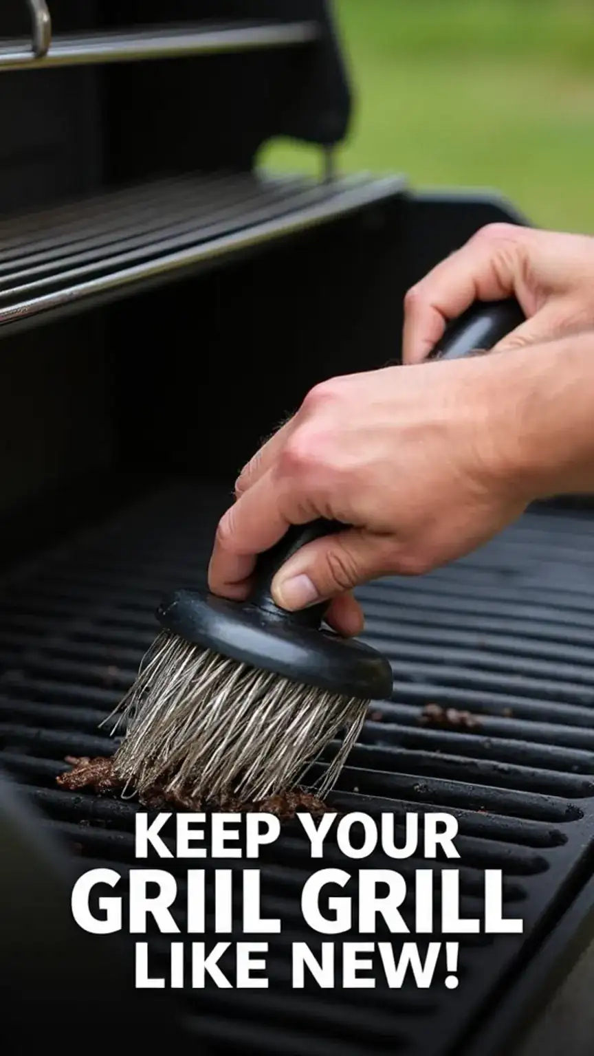 Close-up of man's hands cleaning greasy grill grates with a wire brush, essential step in grill cleaning and maintenance, BBQ upkeep tips.