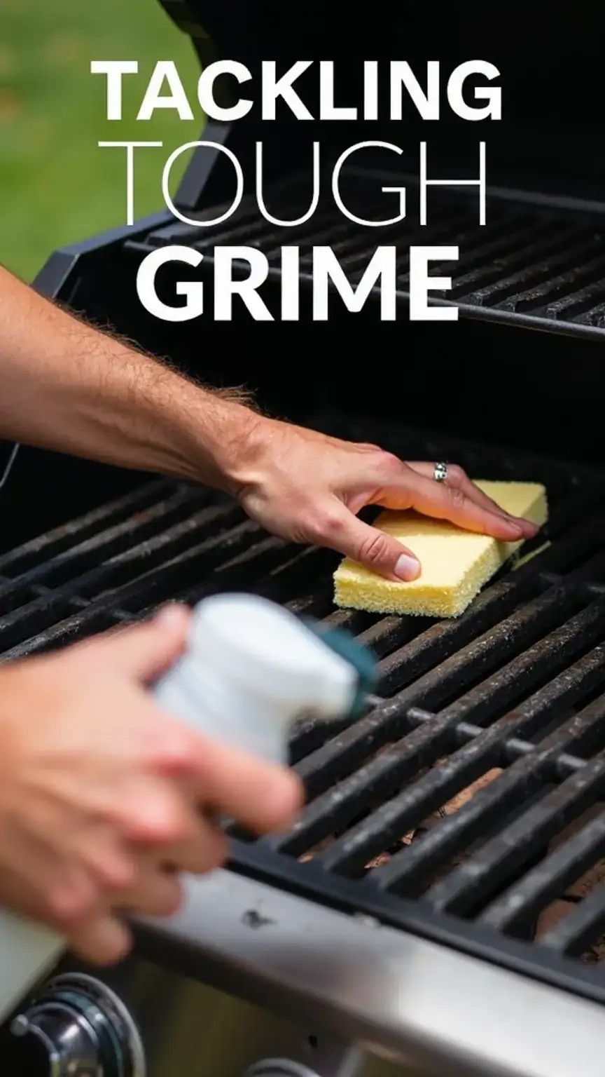Applying grill cleaning solution to interior walls of a BBQ, tackling tough grime during grill maintenance, practical cleaning steps.