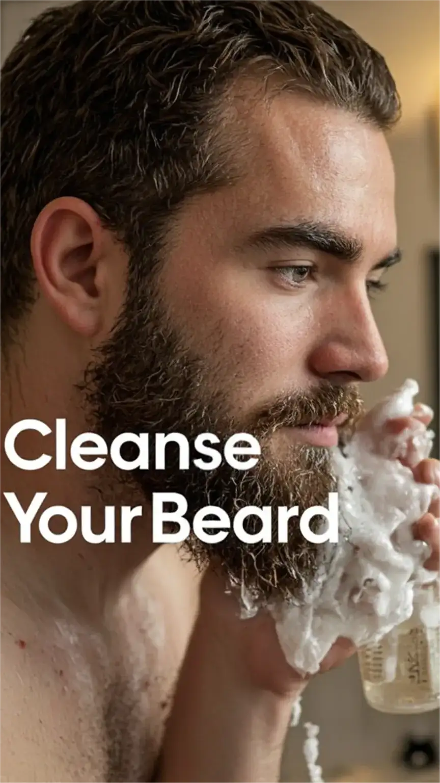 Man washing his beard with beard shampoo, demonstrating proper beard cleaning. Beard health tips, facial hair care, clean grooming routine.
